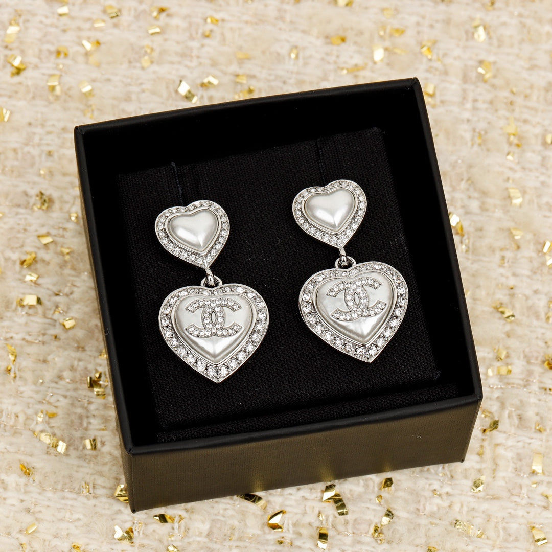 Chanel Double Heart Chanel Diamonds Silver Earrings