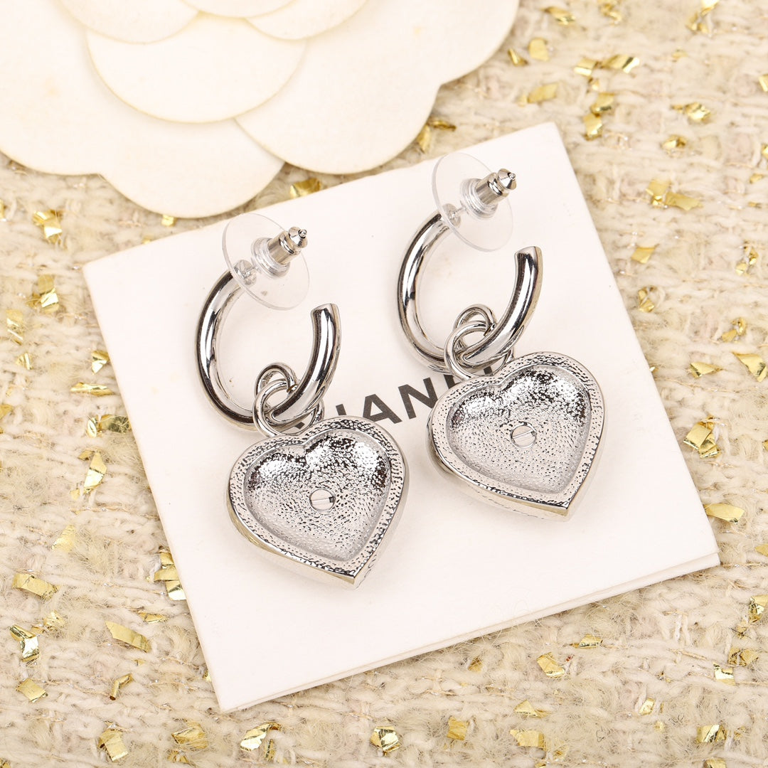 Chanel Double C Drop Heart Silver Diamonds Earrings