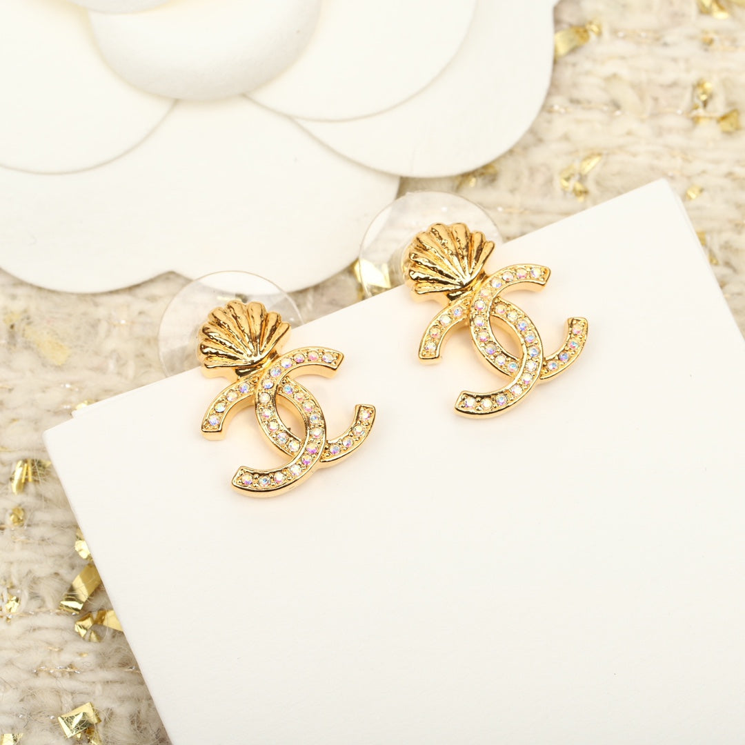 Chanel Vintage Double C Gold Diamonds Earrings