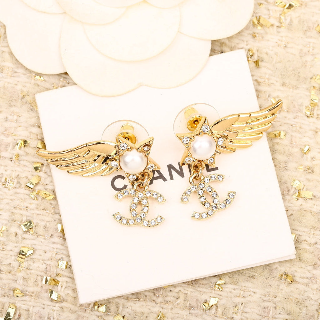 Chanel Wing Double C Gold Diamonds Earrings