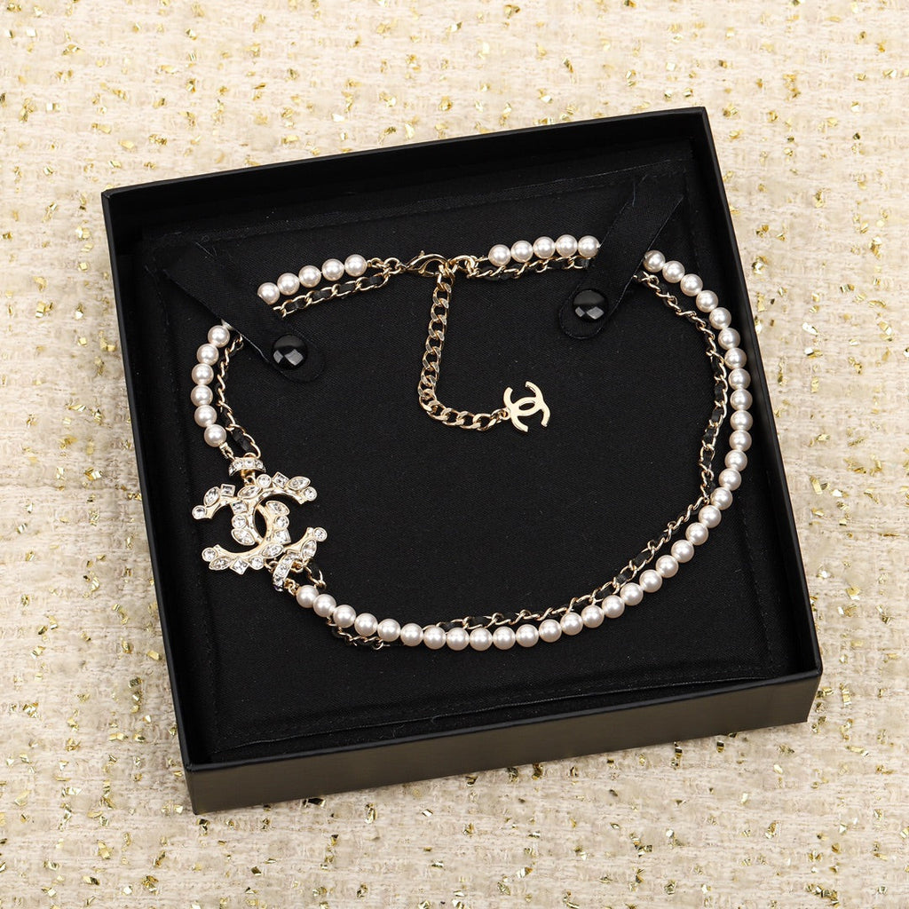 Chanel Pearls And Leather Straps Gold Necklace Type 1
